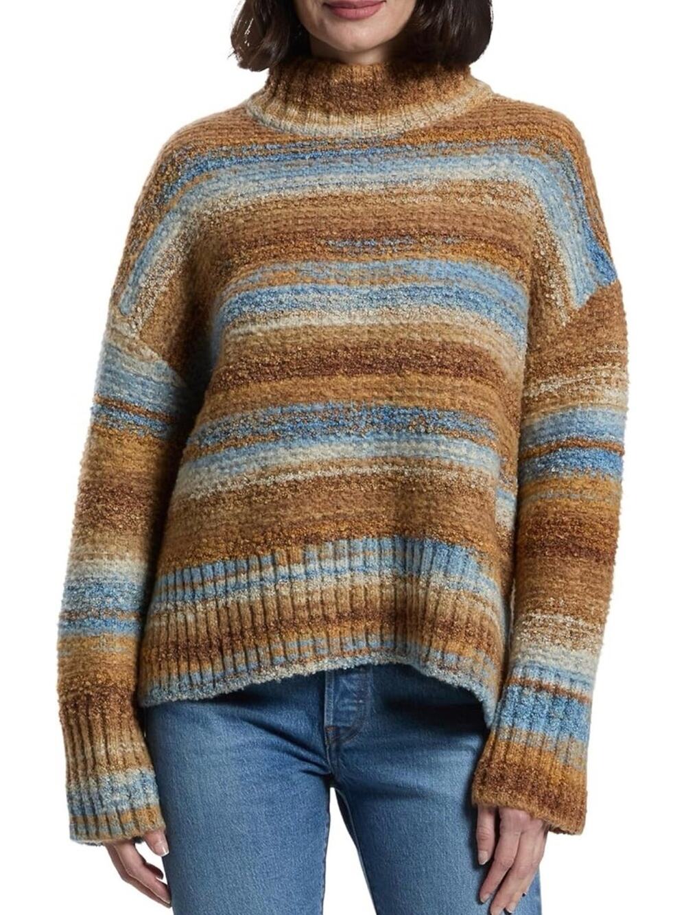 New prAna Womens XL Blue Vibes Unbounded Wool Blend Mock Neck Sweater Striped